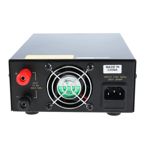 Rear view of 13.8V 30A DC Power Supply with Analog Regulation for Bench Use, featuring input and output sockets.