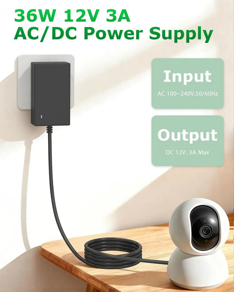 12V 3A DC Power Supply Adapter 36W Dope Power For LED Strips 3D Printers CCTV Cameras And More 100 To 240V AC To 12V DC With 5.5x2.5mm Output 4.9ft Cable Center Positive Wide Compatibility powering a CCTV camera
