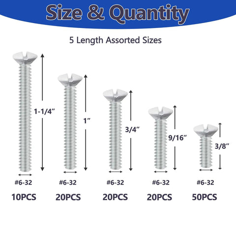 Heavy Duty White Wall Plate Screws 120 Piece Assortment Kit Featuring Durable 6 32 Thread sizes 1-1/4" to 3/8" for home projects.