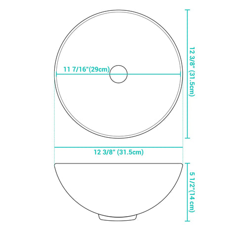 Diagram of 12 Inch Round Porcelain Vessel Sink With Pop Up Drain For Above Counter Vanity, dimensions and measurements shown