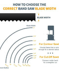 Illustration showing band saw blade width guidance for contour and cut-off sawing with blade width measurements and saw diagram.