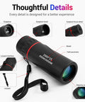 Grab And Go 25X Monocular Telescope With Phone Adapter for hiking with eyepiece, focus wheel, and lanyard details.