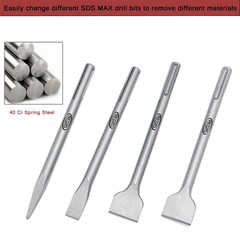4 Piece 11 Inch SDS Max Chisel Set For Rotary Hammer Demolition Tile Removal Concrete Bricks Includes Flat Point Scraping Chisels