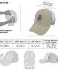 Lightweight Low Profile Trucker Hat For Men Apricot Washed Cotton Dad Cap size guide with dimensions and adjustable strap details.