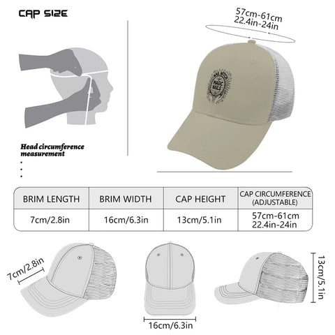 Lightweight Low Profile Trucker Hat For Men Apricot Washed Cotton Dad Cap size guide with dimensions and adjustable strap details.