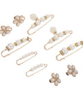 Eight Piece Pearl Waist Tightener Pins With Secure Locking Buckle System Fixes Loose Jeans And Skirts Instantly No Sew Hidden Dress Clips