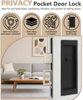 Zero Profile Pocket Door Lock Privacy Hardware with Flush Mount Pull Handle in matte black, shown installed on a door.