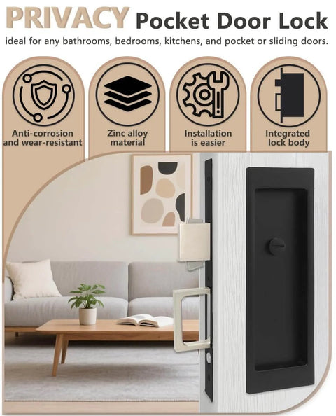 Zero Profile Pocket Door Lock Privacy Hardware with Flush Mount Pull Handle in matte black, shown installed on a door.