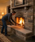 Man adding logs to a fire in a stone fireplace with Two Pack Of Knockout Chimney Fire Suppressant That Handles Flue Infernos Quickly Csia Certified For Heavy Duty Home Protection Zero Hassle Operation Made In Usa.