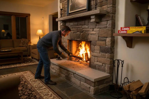 Man adding logs to a fire in a stone fireplace with Two Pack Of Knockout Chimney Fire Suppressant That Handles Flue Infernos Quickly Csia Certified For Heavy Duty Home Protection Zero Hassle Operation Made In Usa.