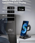 Three In One Wireless Charging Station with clock for Galaxy devices on a bedside table, showing charging and time display features.