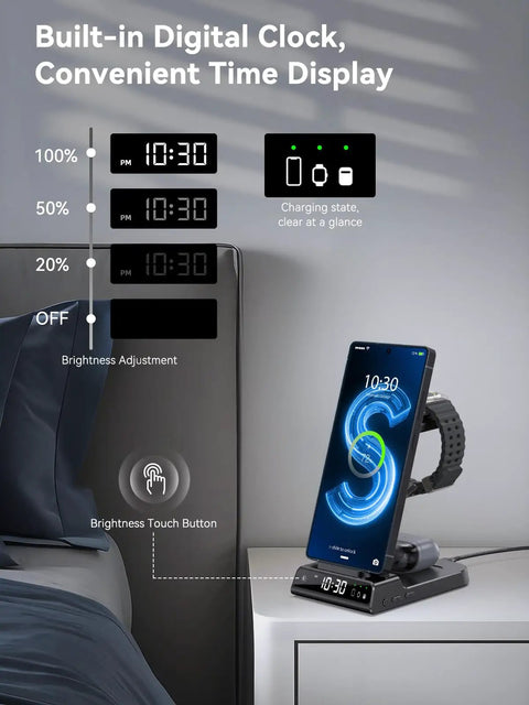 Three In One Wireless Charging Station with clock for Galaxy devices on a bedside table, showing charging and time display features.