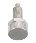 Built Tough Stainless Steel Spring Indexing Plunger Pin With M10 Thread And Knurled Grip For Robotics And Optical Calibration showing hexagonal head and smooth finish.