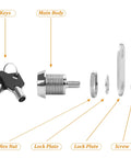 Two Pack Tubular Cam Locks Seven Eighth Inch Cylinder Fits Cabinets And Drawers Keyed Alike Build showing keys, main body, and components.