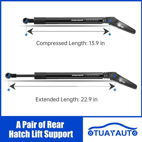 Heavy Duty Rear Hatch Shock Struts And Tailgate Lift Supports For 2010 2014 Subaru Legacy Outback Wagon Sets Pack Of Two shown with compressed and extended lengths