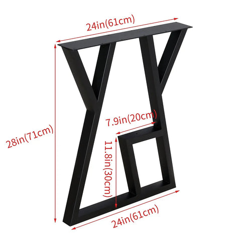 Industrial Metal Furniture Legs 2 Pack for DIY Decor Projects, 28 Inch High Square Tube Leg, Black 24 Inch Wide, angle view with measurements
