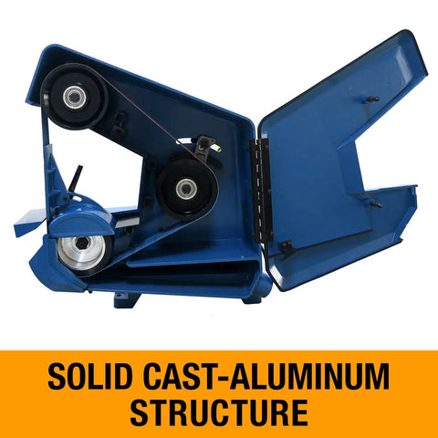 Heavy Duty 1X42 Three Wheel Belt Grinder Delivering Knockout 5500 Fpm Grinding Speed with solid cast-aluminum structure.