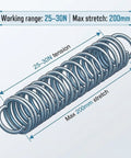 Side view of a 5-piece set of stainless steel extension springs, 6-inch length, 2mm wire with dual hooks