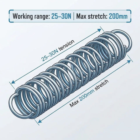 Side view of a 5-piece set of stainless steel extension springs, 6-inch length, 2mm wire with dual hooks