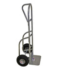 Heavy-Duty Welded Aluminum Hand Truck With P-Handle, 800-Pound Load Capacity, One-Hand Operation, Lightweight Aluminum Build, 10-Inch Pneumatic Tires, Rugged Utility Cart For Lifting, Moving, And Transporting Heavy Gear side view showing P-handle and tires