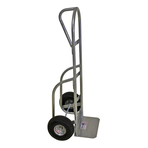 Heavy-Duty Welded Aluminum Hand Truck With P-Handle, 800-Pound Load Capacity, One-Hand Operation, Lightweight Aluminum Build, 10-Inch Pneumatic Tires, Rugged Utility Cart For Lifting, Moving, And Transporting Heavy Gear side view showing P-handle and tires