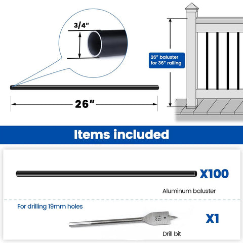 Heavy Duty 100 Pack Black Aluminum Round Deck Balusters Designed For No Sweat Installation And Street Smart Durability. 26 inch size.