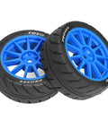 Rugged Rubber RC Tire Wheel Set For 1 Tenth Scale Racing Cars, Fits TT01 TT01E TT02 TT02B TA06 XV01 XV02 PTG-2, Hex Drive, Blue Rims