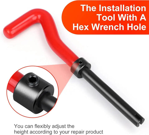 Heavy Liftin M10 X 1.5 Thread Repair Insert Kit With Smooth Stainless Steel Coils That Match Helicoil And A Knuckle Busting Hand Tool Set For Real Deal Wrench Grinders installation tool showing adjustable red handle with hex wrench hole.