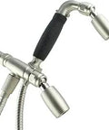 Solid Lead Free Metal 4 Way Shower Head Combo With Fixed And Handheld Heads Hose Included Run Separately Or Together At Full Flow 1.8 GPM Each Brushed Nickel Finish showcasing handheld head and hose