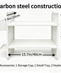White Desktop Shelf Organizer With Adjustable Two Tier Design Space Saving shown with dimensions and accessories