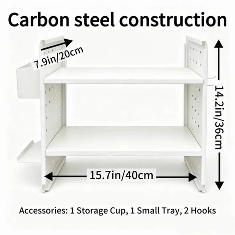 White Desktop Shelf Organizer With Adjustable Two Tier Design Space Saving shown with dimensions and accessories