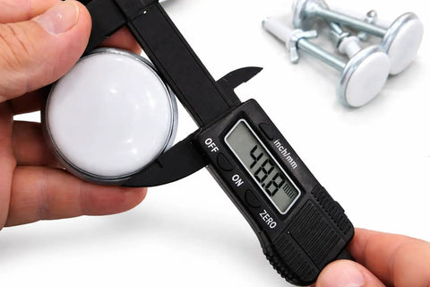Adjustable Bed Frame Glides With Wing Nut Leveling Feet For Metal Frames, measuring 4 inches with caliper, close-up view