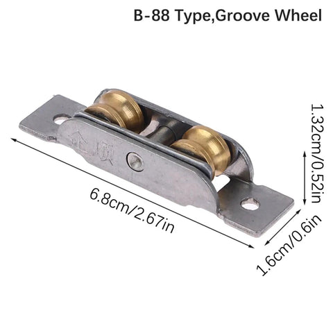 Top Shelf Stainless Steel Sliding Door And Window Double Wheel Pulley Rollers Heavy Duty Flat Groove Track Replacement Parts, B-88 type with brass wheels.