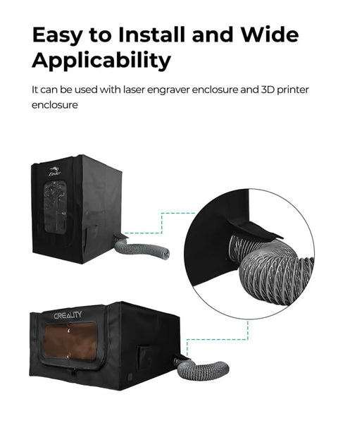 Ender Plus 3D Printer Enclosure Fan Extraction Kit attached to laser engraver and printer enclosures, venting smoke.