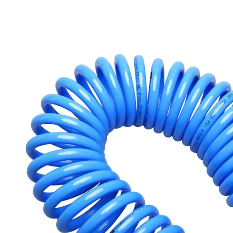 Heavy Duty Polyurethane Coiled Air Compressor Hose 25 Foot kink free design in blue spiral shape with smooth finish.