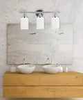 Freya All In One 5 Piece Bathroom Set With Chrome Vanity Light And Frosted Glass Shades over wooden vanity with white sinks