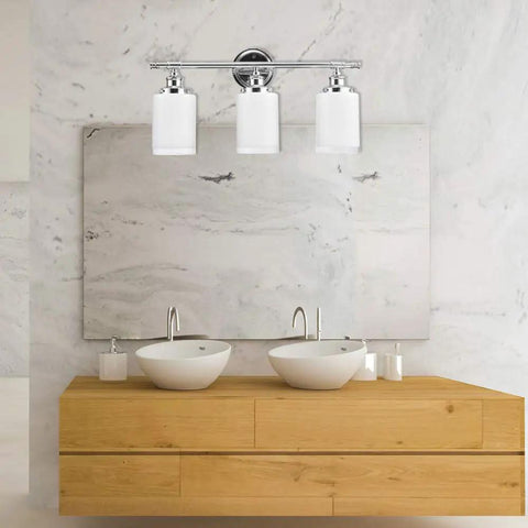 Freya All In One 5 Piece Bathroom Set With Chrome Vanity Light And Frosted Glass Shades over wooden vanity with white sinks