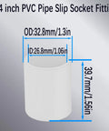 3/4 inch PVC pipe slip socket showing dimensions for 10 Pack White Three Quarter Inch PVC Socket To Socket Couplings For Home, DIY, And Industrial Use, Heavy Duty Build, Sch40 Pipe Fittings, Slip Joint Connectors, 330 PSI Working Pressure, 140 F Max Temperature