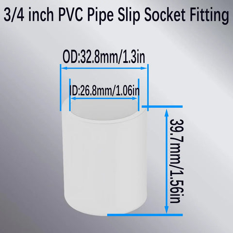 3/4 inch PVC pipe slip socket showing dimensions for 10 Pack White Three Quarter Inch PVC Socket To Socket Couplings For Home, DIY, And Industrial Use, Heavy Duty Build, Sch40 Pipe Fittings, Slip Joint Connectors, 330 PSI Working Pressure, 140 F Max Temperature