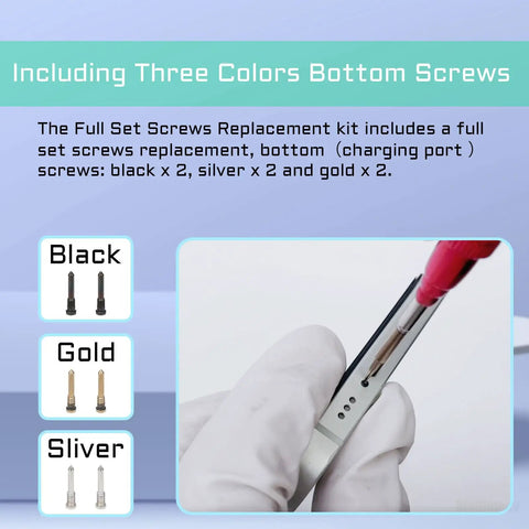 Internal Screws Set and Full Metal Bracket Kit for iPhone 13 Pro Max Replacement, showing three colors of bottom screws