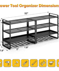 32 Inch Wide Heavy Duty Metal Power Tool Organizer Wall Mount With Four Tier Racks And Drill Hanger dimensions diagram