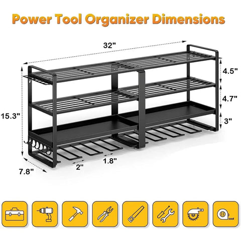 32 Inch Wide Heavy Duty Metal Power Tool Organizer Wall Mount With Four Tier Racks And Drill Hanger dimensions diagram