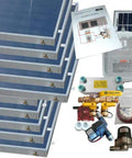 Kick Your Energy Bills With This Solid 10 Panel Freeze Protected Hybrid Solar Water Heater Kit For Homes Bringing No Sweat Electric Or Gas Backup When Cold Snap Hits And You Expect Hot Water. Image showing ten solar panels, pipes, valves, and accessories.