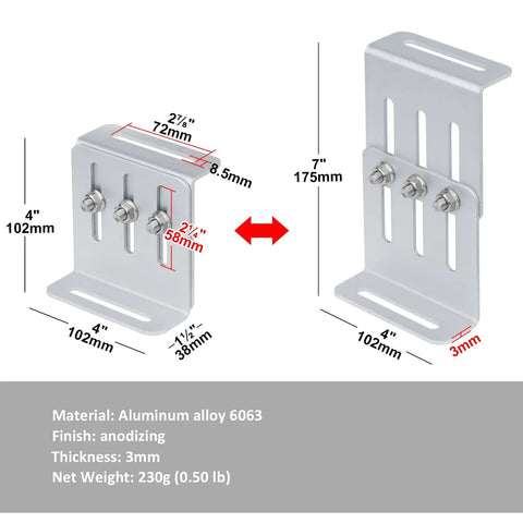 Adjustable Solar Panel Tilt Mount Bracket Kit dimensions, aluminum alloy 6063, anodized finish, with measurements in inches and mm.