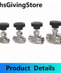NPT needle valve set, four 304 stainless steel valves with black knobs for flow control (1/8-1/2 in).
