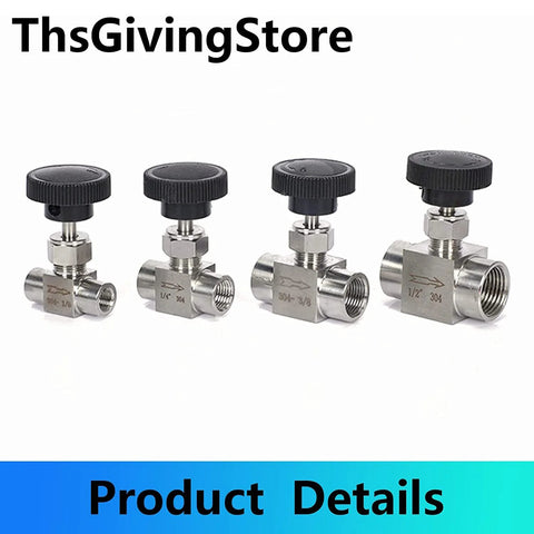 NPT needle valve set, four 304 stainless steel valves with black knobs for flow control (1/8-1/2 in).
