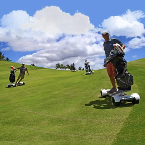 Men riding Electric Four Wheel Folding Golf Cart Skateboard Trolley on a golf course with golf bags, showcasing mobility and fun.