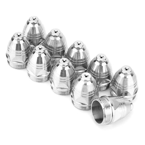 Premium P80 Plasma Cutting Consumables Set With 10 Durable Nozzle Tips For Air Plasma Machines showing metallic nozzles.