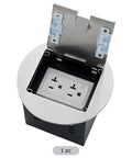 20 Amp Six Gang Recessed Floor Outlet Stainless Steel Round Power Socket Kit With Splash Proof Cover CE Certified Electrical Box open view, showcasing receptacles.