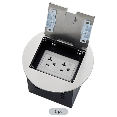 Heavy Duty Stainless Steel Recessed Floor Outlet Splash Proof Lid Badass 20A Hidden Power Socket Straight Up Reliable Wiring Kit Zero Fuss Setup For Home Or Office top view with open lid showcasing electrical sockets